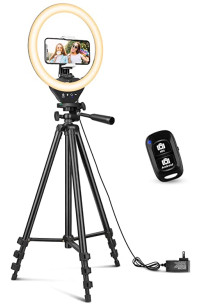 Luz de anillo de 10 pulgadas con soporte de trípode extensible de 50 pulgadas, luces circulares LED Sensyne con soporte para teléfono para transmisión en vivo, maquillaje, video de YouTube, TikTok, compatible con todos los teléfonos.