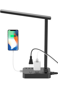Lámpara de escritorio LED con 1 puerto de carga USB y 2 tomas de corriente CA, 3 modos de iluminación, brillo de 3 niveles, temporizador de 1H, control táctil, lámpara de mesa plegable para la oficina en casa (negro)