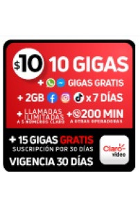 10 GB + 2 GB Facebook/ Instagram/ TikTok (7 días) + Llamadas ilim a 5# Claro + 200 MIN otras operadoras + GB gratis WhatsApp/ Messenger + 15 GB gratis CLARO VIDEO (incluye suscripción) x 30 DÍAS