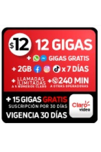 12 GB + 2 GB Facebook/ Instagram/ TikTok (7 días) + Llamadas ilim a 5# Claro + 240 MIN otras operadoras + GB gratis WhatsApp/ Messenger + 15 GB gratis CLARO VIDEO (incluye suscripción) x 30 DÍAS