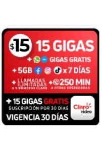 15 GB + 5 GB Facebook/ Instagram/ TikTok (7 días) + Llamadas ilim a 5# Claro + 250 MIN otras operadoras + GB gratis WhatsApp/ Messenger + 15 GB gratis CLARO VIDEO (incluye suscripción) x 30 DÍAS