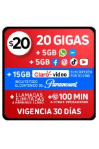 20 GB libres + 5 GB Facebook/ Instagram/ TikTok/ Youtube + 5 GB WhatsApp/ Messenger + 15 GB CLARO VIDEO + Llamadas ilim a números Claro + 100 MIN otras operadoras x 30 DÍAS