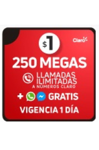 250 MB + Llamadas ilimitadas a Claro + GB gratis WhatsApp/Messenger x 1 DÍA