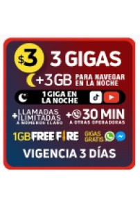 3 GB + 3 GB Gratis (Navegar en la noche 23H00 a 6H59) + 1GB (en la noche YouTube/ TikTok) + Llamadas ilim a Claro + 30 MIN otras operadoras + GB gratis WhatsApp/Messenger + 1GB FreeFire x 3 DÍAS