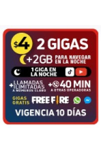 2 GB + 2 GB Gratis (Navegar en la noche 23H00 a 6H59) + 1GB (en la noche YouTube/ TikTok) + Llamadas ilim a Claro + 40 MIN otras operadoras + GB gratis WhatsApp/ Messenger/ FreeFire x 10 DÍAS