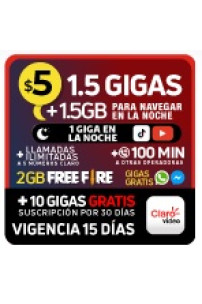 1.5 GB + 1.5 Gratis (Navegar en la noche 23H00 a 6H59) + 1GB (en la noche YouTube/ TikTok) + Llamadas ilim a 5# Claro + 100 MIN otras operadoras + GB gratis WhatsApp/Messenger + 2GB FreeFire + 10 GB gratis CLARO VIDEO (incluye suscripción) x 15 DÍAS