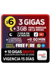 3 GB + 3 Gratis (Navegar en la noche 23H00 a 6H59) + 2GB (en la noche YouTube/ TikTok) + Llamadas ilim a Claro + 60 MIN otras operadoras + GB gratis WhatsApp/ Messenger/ FreeFire + 10 GB gratis CLARO VIDEO (incluye suscripción) x 15 DÍAS