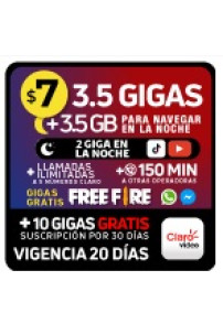 3.5 GB + 3.5 Gratis (Navegar en la noche 23H00 a 6H59) + 2GB (en la noche YouTube/ TikTok) + Llamadas ilim a 5# Claro + 150 MIN otras operadoras + GB gratis WhatsApp/ Messenger/ FreeFire + 10 GB gratis CLARO VIDEO (incluye suscripción) x 20 DÍAS