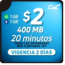 400 megas + 20 minutos todas las operadoras + min ilim CNT + 1GB Whatsapp + 1GB Facebook x 2 días