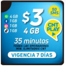 4 GB + 35 minutos todas las operadoras + min ilim CNT + 50 SMS + 7GB redes sociales + CNT Play 30 días x 7 días