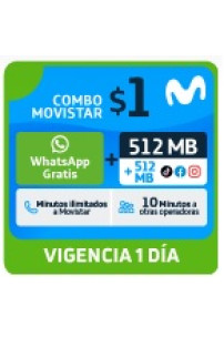 500 MB libres + 500 MB (TikTok, Facebook, Instagram) + WhatsApp Gratis + Minutos ilim a Movistar + 10 min otras operadoras x 1 día  Opción de AGRANDAR