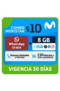 8GB libres + 3GB (TikTok, Facebook, Instagram) + WhatsApp Gratis + Minutos ilim a Movistar + 150 min otras operadoras x 30 días