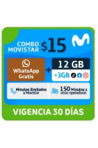 12GB libres + 3GB (TikTok, Facebook, Instagram) + WhatsApp Gratis + Minutos ilim a Movistar + 150 min otras operadoras x 30 días