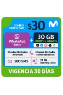 30 GB libres + GB gratis (TikTok, Facebook, Instagram, X, WhatsApp) + Minutos ilim a Movistar + Minutos ilim otras operadoras + Minutos ilim LDI + 100 SMS + 27 GB Roaming Datos x 30 días