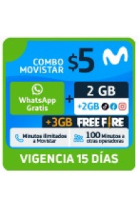 2GB libres + 2GB (TikTok, Facebook, Instagram) + 3GB Freefire+ WhatsApp Gratis + Minutos ilim a Movistar + 100 min otras operadoras x 15 días