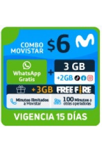 3GB libres + 2GB (TikTok, Facebook, Instagram) + 3GB Freefire (Caja de regalo) + WhatsApp Gratis + Minutos ilim a Movistar + 100 min otras operadoras x 15 días