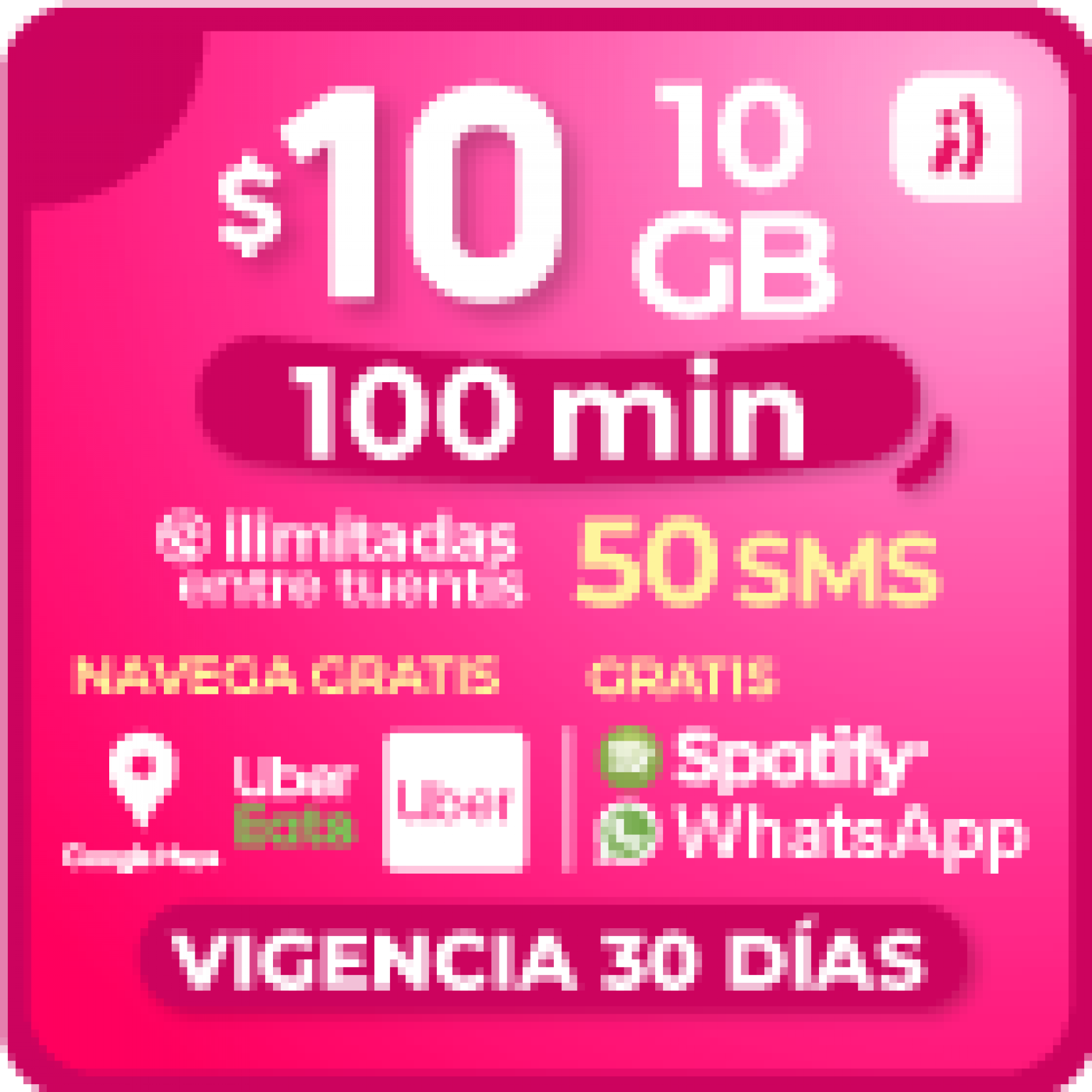 10GB + 100 Min Llamadas ilim entre tuentis + 50 SMS + Gratis WhatsApp y Spotify + Navega gratis (Google Maps, Uber eats, Uber) x 30 días 10GB + 100 Min Llamadas ilim entre tuentis + 50 SMS + Gratis WhatsApp y Spotify + Navega gratis (Google Maps, Uber eats, Uber) x 30 días