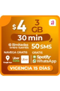 3GB. + 30 Min multidestino + Min ilim entre tuentis + 50 SMS + Gratis WhatsApp y Spotify + Navega gratis (Google Maps, Uber eats, Uber) x 15 días
