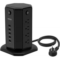 Enchufe plano para torre con 8 tomacorrientes, 5 puertos USB para estación de carga de escritorio con interruptores individuales, cable resistente de 6 pies, disyuntor de 13 A, para oficina en casa, dormitorio, esencial
