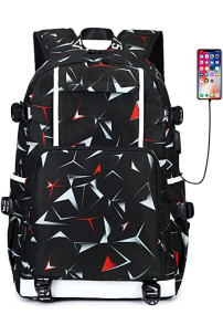 Mochila para niños y adolescentes, bolsa de viaje con puerto de carga USB, patrón geométrico, bolsa escolar, Patrón geométrico, color rojo., Mochila para niños
