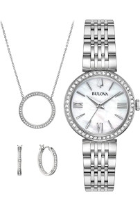 Bulova Box Set Reloj de cuarzo para mujer, acero inoxidable, tono plateado 
