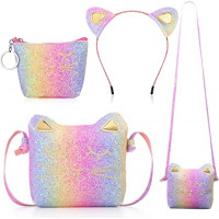 3 piezas de bolsa de hombro para gatos con diadema para niñas, lindas bolsas de hombro para gato con mini monedero y diadema para gato para niña cumpleaños día del niño (brillo arco iris)