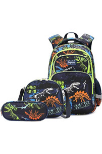 Juego de mochila de dinosaurio de 3 piezas para niños con caja de almuerzo, bolsa de libros escolares para niños de preescolar primaria, Azul Real
